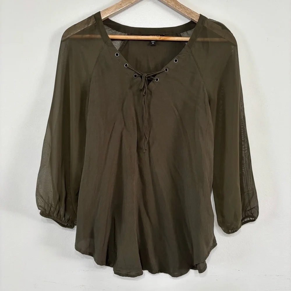 Express Forest Green Lace Up Sheer Sleeve Blouse Size XS